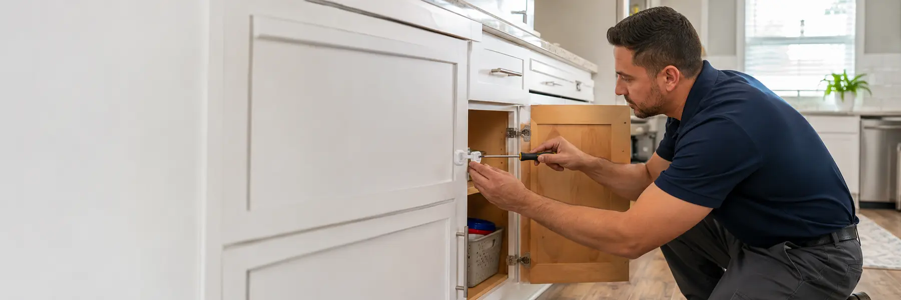 A home-safety professional installing cabinet latches and outlet covers for childproofing.