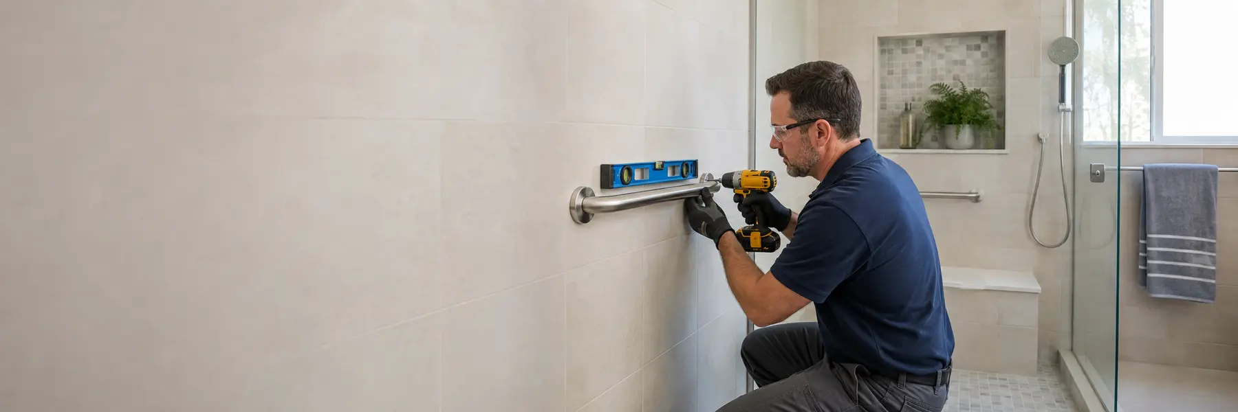 A professional securely installing a stainless grab bar beside a residential shower.