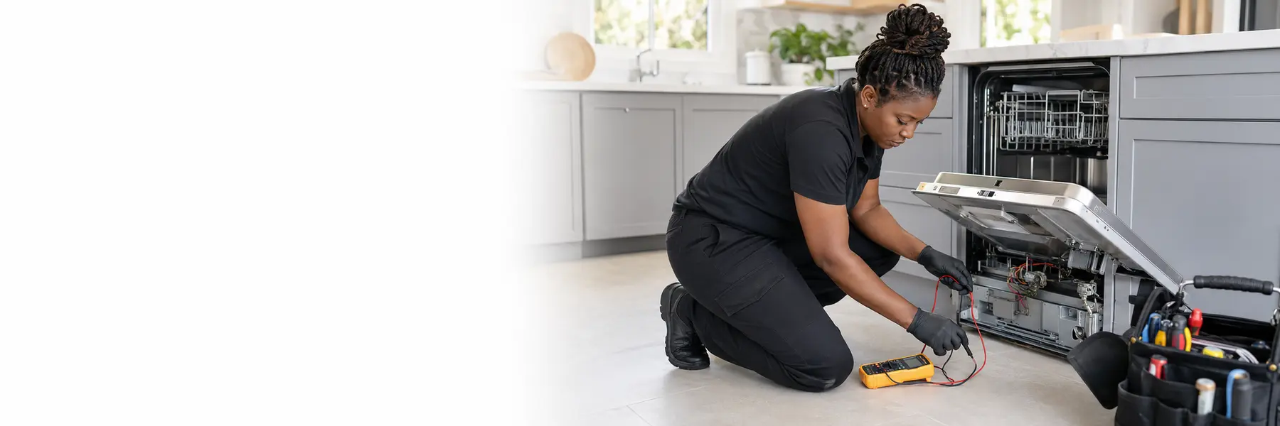 An appliance technician diagnosing an open built-in dishwasher in a finished kitchen.