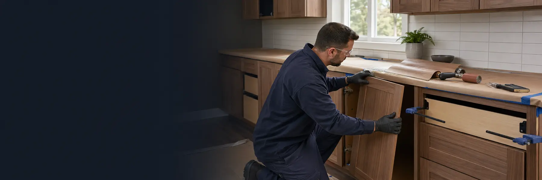 A cabinet professional refacing existing kitchen cabinets with veneer and new door fronts.