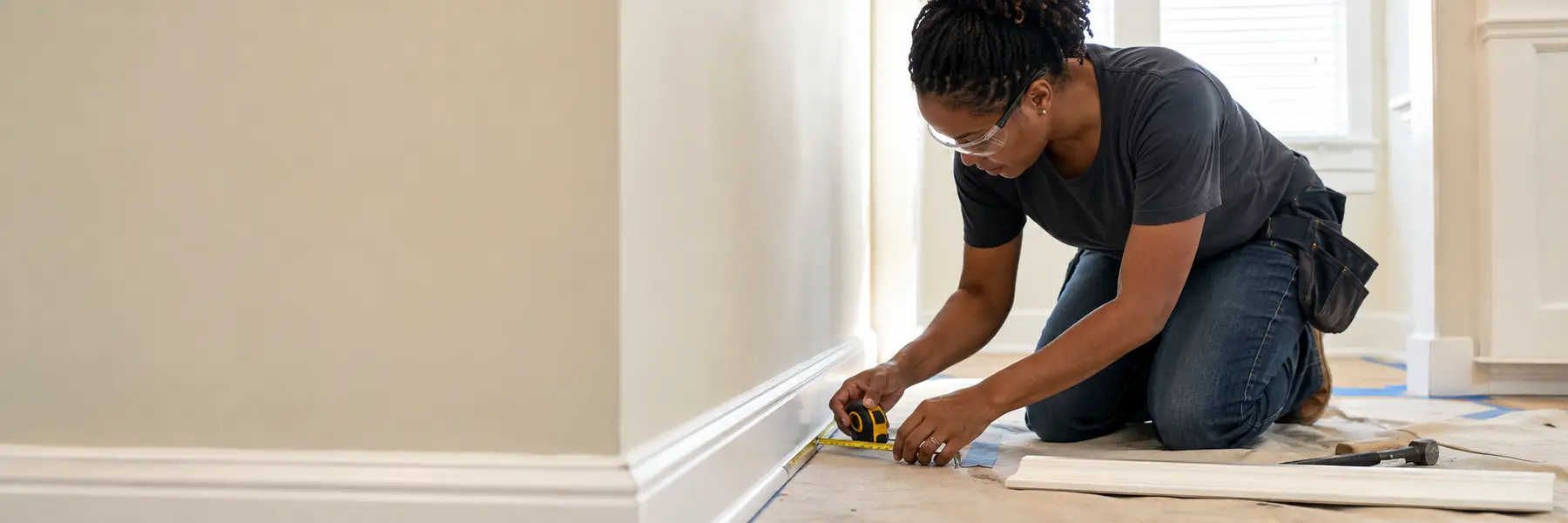 A finish carpenter measuring and installing baseboard, quarter-round, and floor transitions.