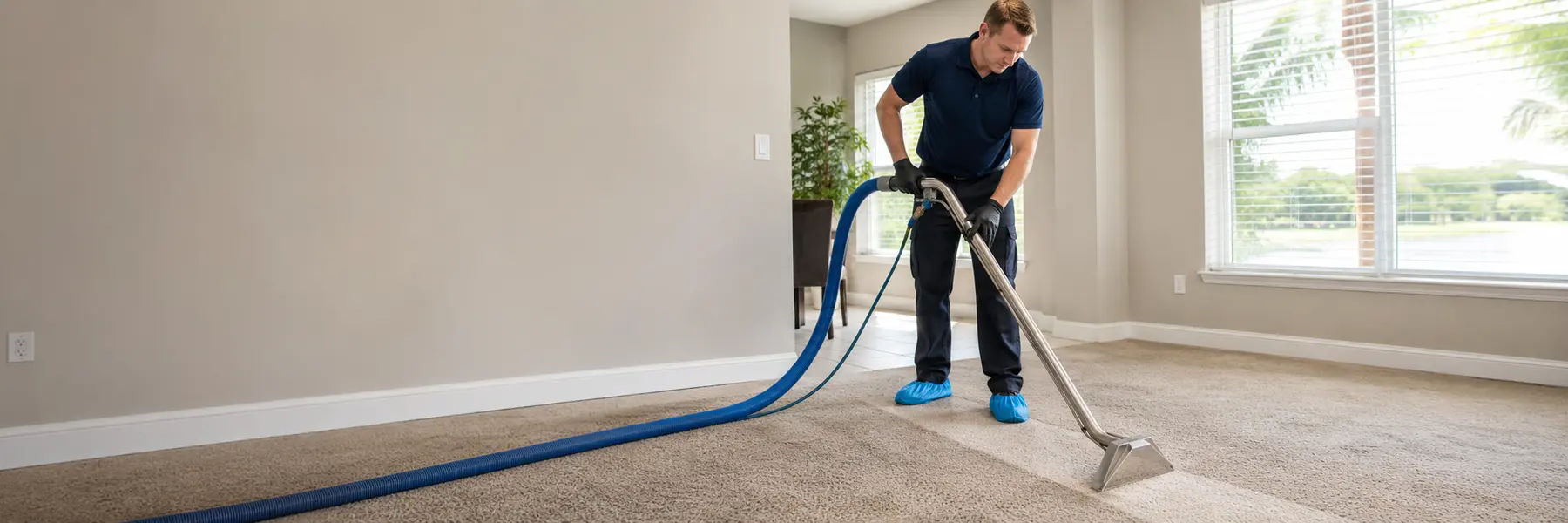 A cleaning professional using a commercial extractor on residential carpet.