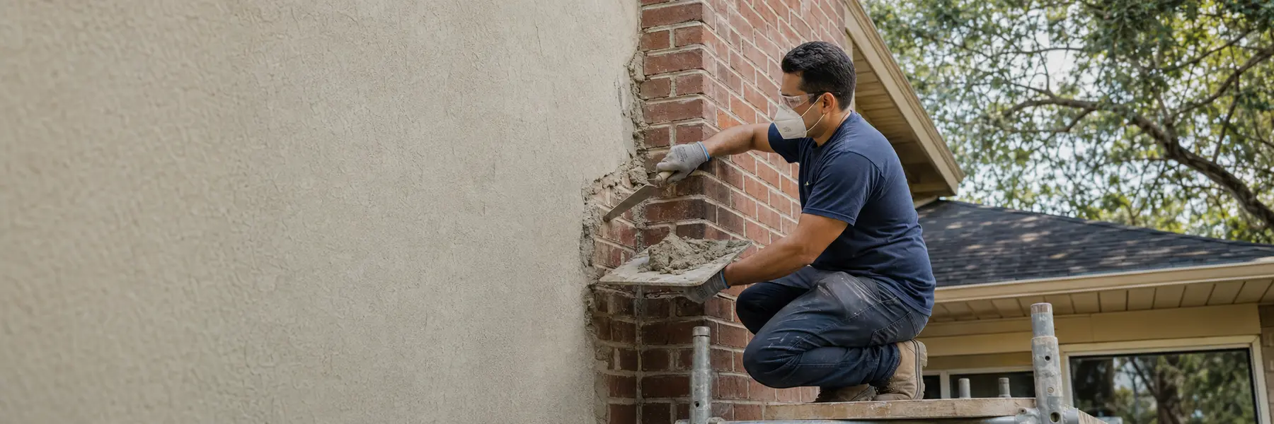 A masonry professional repairing cracked brick, stucco, and chimney mortar.