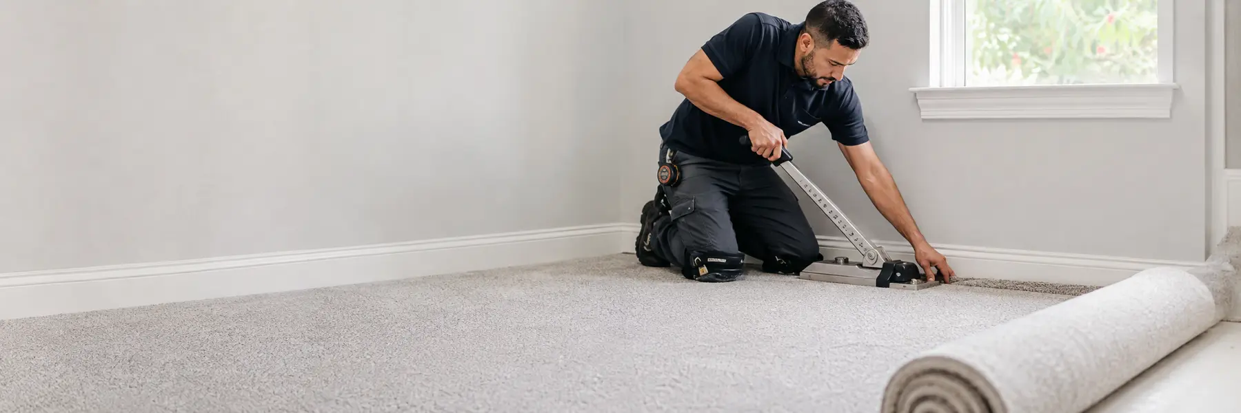 A flooring installer stretching and trimming wall-to-wall carpet in a residential room.