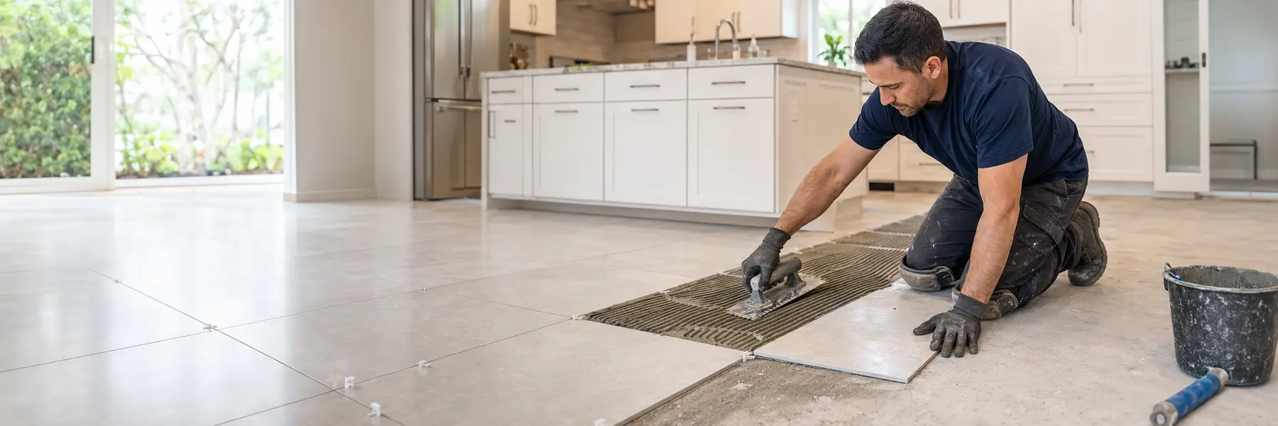 A tile setter installing evenly spaced floor tile over prepared underlayment.