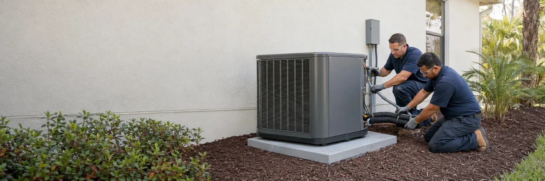 An HVAC crew installing residential heating and cooling equipment with accurate connections.