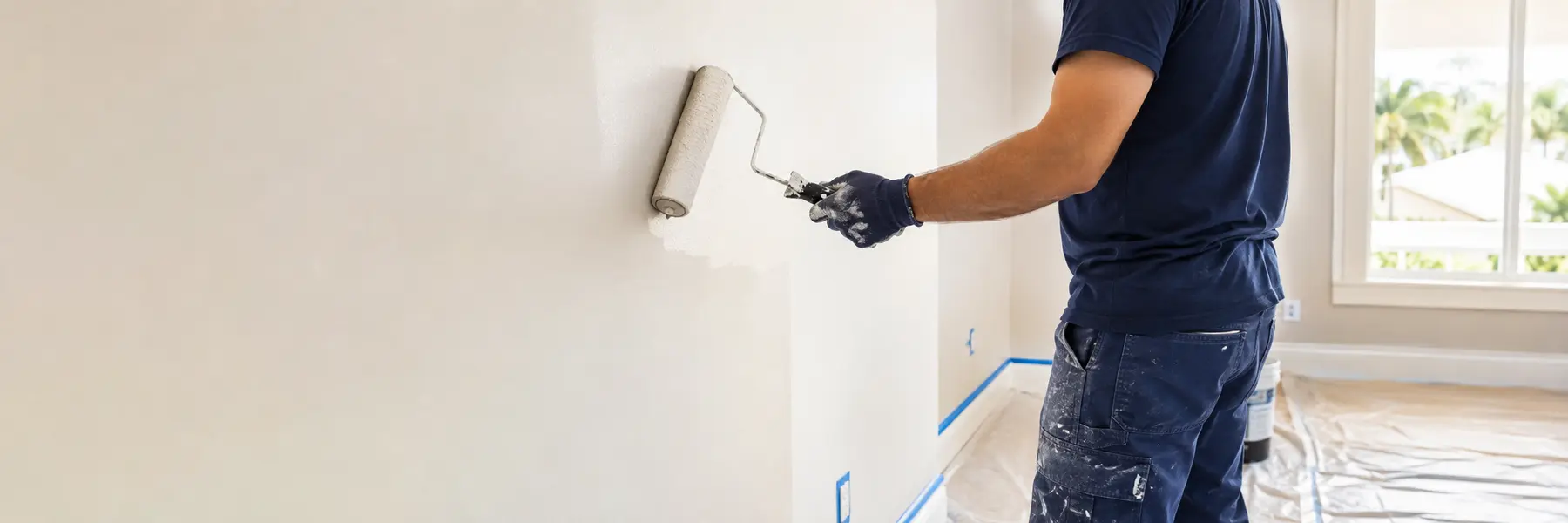A professional painter rolling a clean accent or interior wall in a furnished residential room.