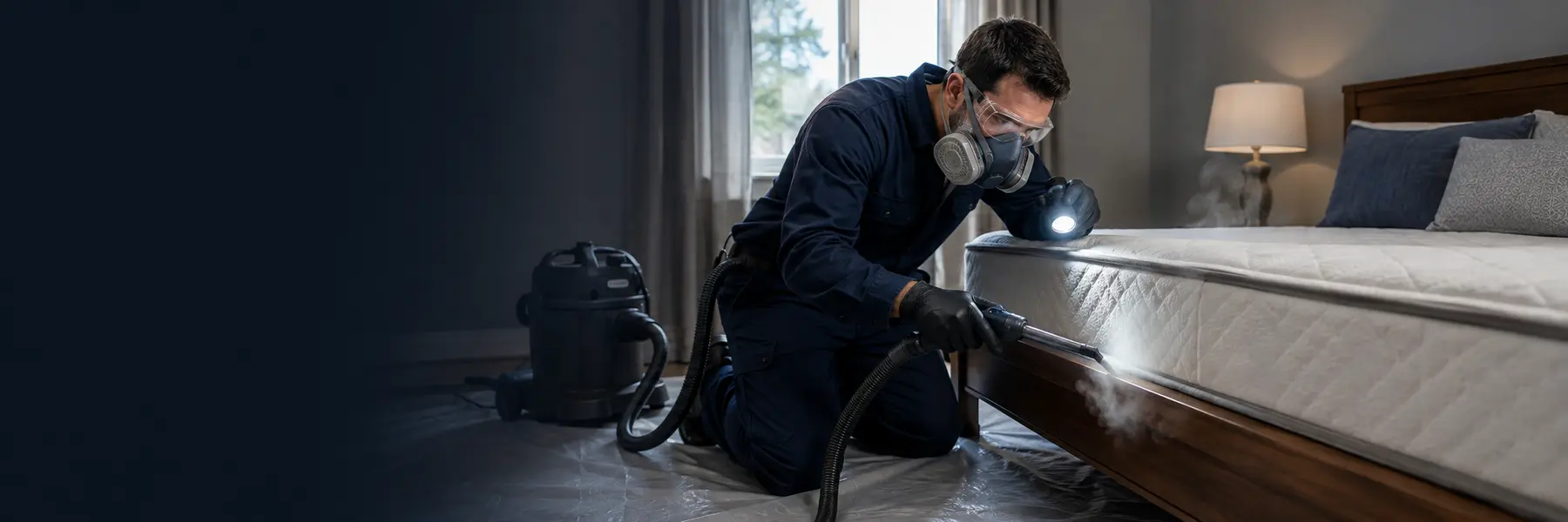 A pest-control professional using controlled steam along mattress seams during an indoor bed-bug treatment.