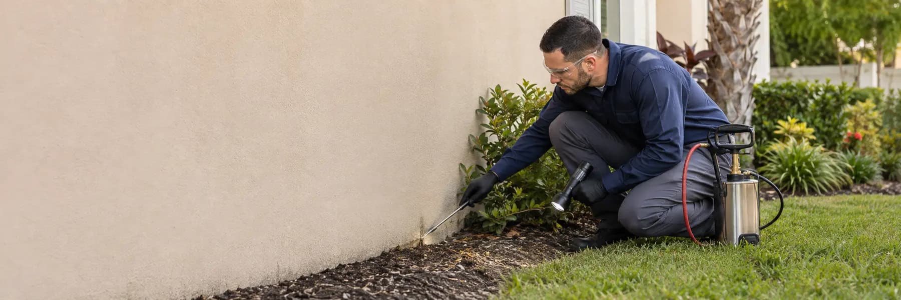 A pest-control professional inspecting and treating a home for insects and termites.