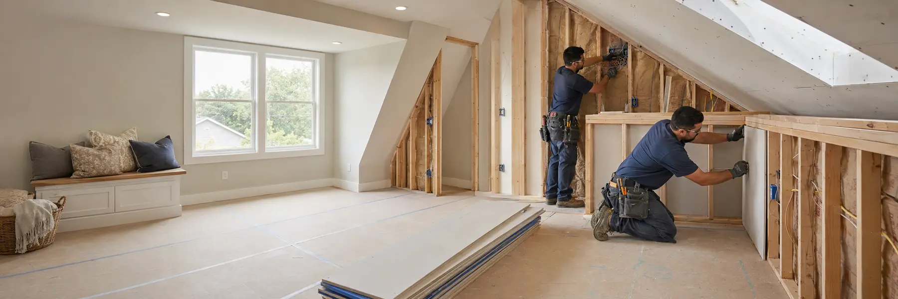 A remodeling crew framing and finishing an attic or basement living-space conversion.