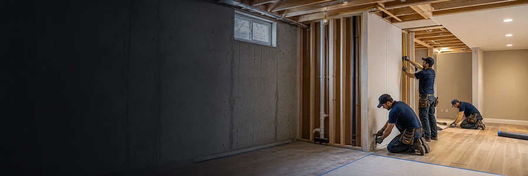 A remodeling crew framing and finishing walls and flooring in a residential basement conversion.