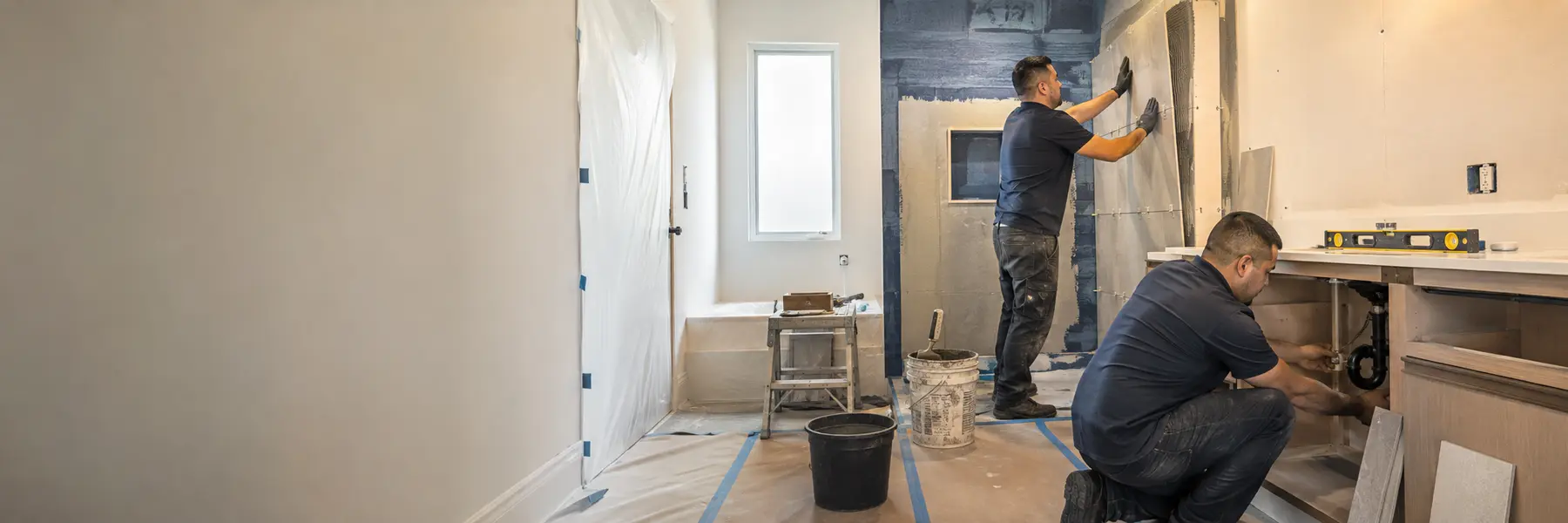 A renovation crew completing a modern residential bathroom remodel.