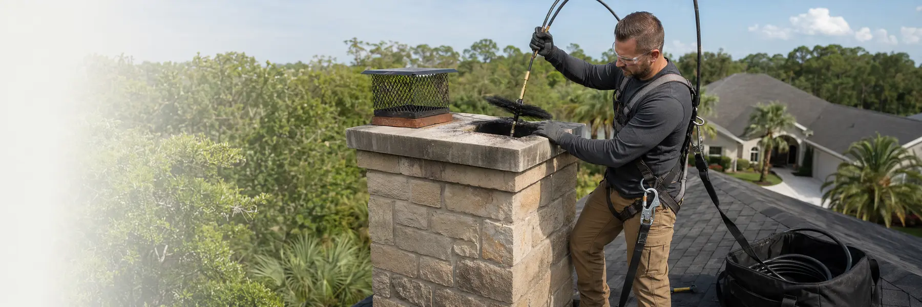 A chimney professional cleaning a residential flue with proper brushes and containment.